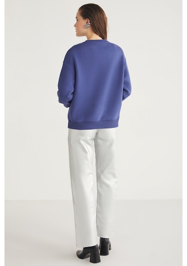 Clover Kadın Bisiklet Yaka Varak Baskı Detaylı Lacivert Sweatshirt