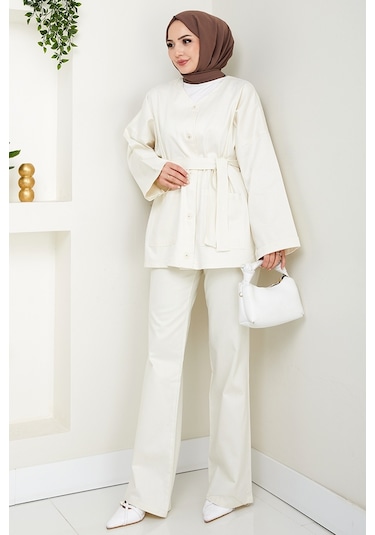 Kemerli Ceket Pantolon Gabardin Takım 1557 - Ekru Ekru