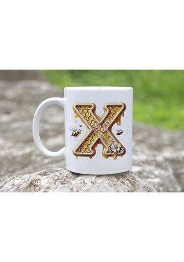 X Harfi Bal Arısı Tasarım Kupa Bardak - Bal Ve Petek Desenli Kişiye Özel Kahve Kupası - Hediyelik Beyaz