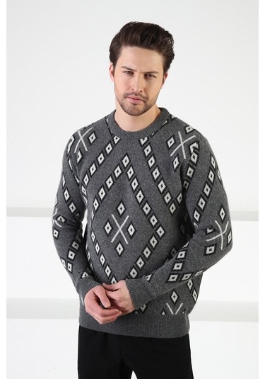 Ferraro Füme Kare Desenli Bisiklet Yaka %100 Kuzu Yün Erkek Kazak Füme