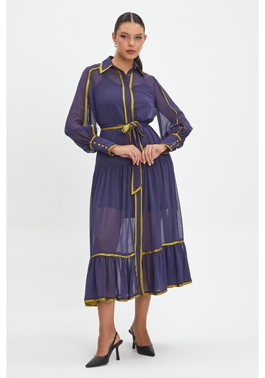 Şifon Ve Bağcıklı Midi Boy Elbise - Kontrast Şerit Detaylı - Günlük Ve Özel Günlük Şıklık Mor