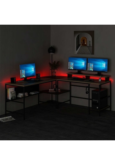 Minar Greta Rgb Led Işıklı L Köşe Çalışma Masası Dore Siyah