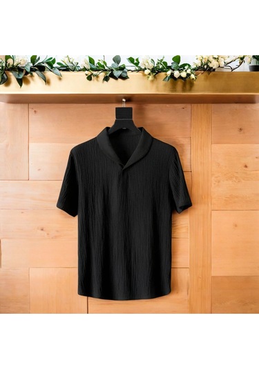 Unisex Kadın/erkek Özel Bürümcük Krinkıl Kumaş Yazlık Likralı Kısa Kol Tişört Eşofman Elbise Takım Siyah - Siyah