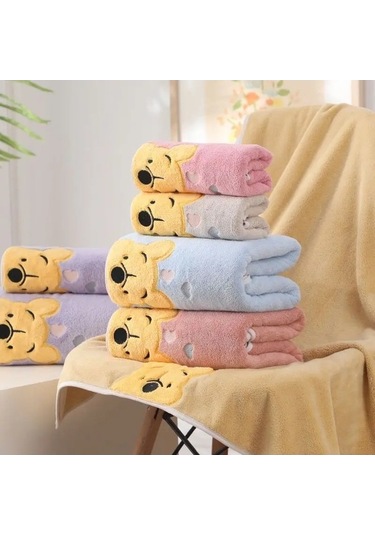 Zyzqstore Kalınlaşmış Mercan Kadife Banyo Havlusu Nakış Pooh Ayı Çok Renkli Çok Renkli