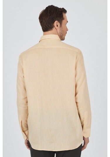 Uzun Kol Düz Keten Düğmeli Yaka Cepsiz Casual Comfort Fit Gömlek 1004250114 Altın