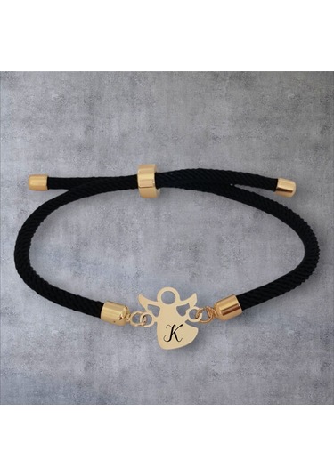 K Harfine Özel 14 Ayar Altın Plakalı Mevlana Motifli Örgü İpli Hediye Bileklik-319harf-siyah Altın