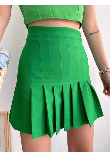 Pileli Düğmeli Etek Açık Yeşil S24811 Yeşil