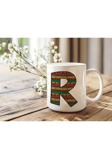 R Harfi Etnik Desenli Kupa - Afrika Tarzı Kahve Çay Kupası - Hediyelik - Black History Beyaz