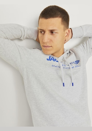 Jack & Jones Erkek Kapüsonlu Gögüs Logo Baskili Sweatshirt - Alvis 12256848 White Melange Gri