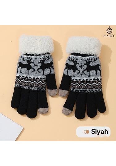 Kadınlar İçin Dokunmatik Ekranlı Kadife Sıcak Sevimli Çizgi Film Geyik Yün Eldiven Siyah