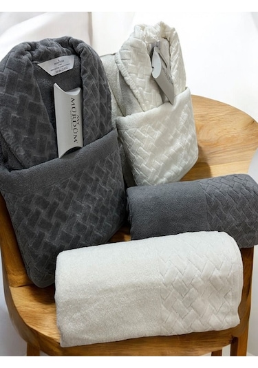 Banyo Çeyiz Seti, %100 Pamuk Bornoz Takımı, 8 Parça Aile Bornoz Seti, Havlu & Havlu Seti Gri-krem Gri