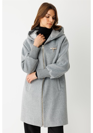 Fermuar Kapamalı Kapişonlu Kaban Gri Gri