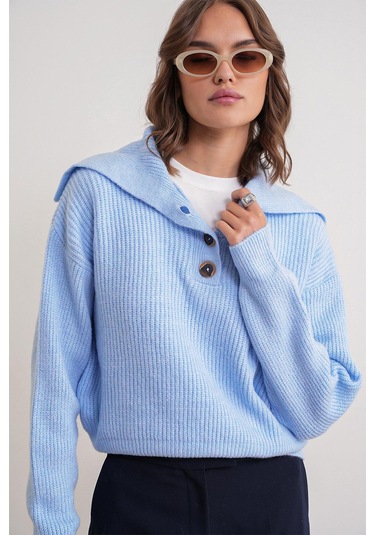 6900 Kadın Düğmeli Devrik Yaka Triko Kazak Bebe Mavi Bebe Mavi