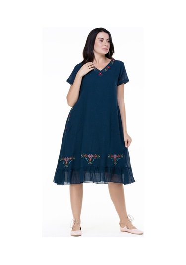Kısa Kol Şile Bezi Mehtap Midi Boy Nakış Detaylı Elbise Petrol Ptrl-petrol Petrol