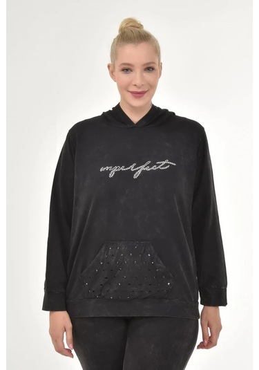 Kadın Büyük Beden İtalyan Yıkama Siyah Kapşonlu Sweatshirt Siyah