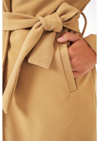 9118 Kruvaze Yaka Kaşe Kaban - Hardal Hardal