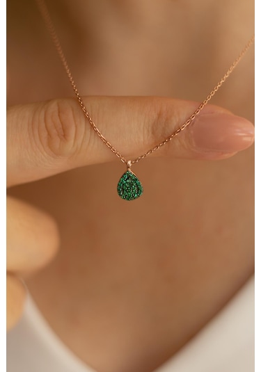 Bybarun Damla Zümrüt Yeşil Taşlı Gümüş Kolye Rose Gold