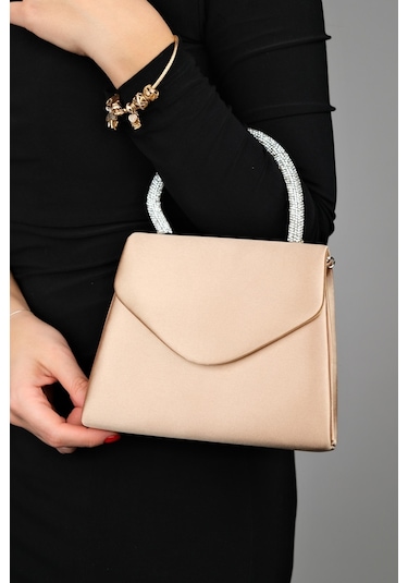 Luvishoes Monako Koyu Bej Saten Taşlı Kadın El Çantası Koyu Bej