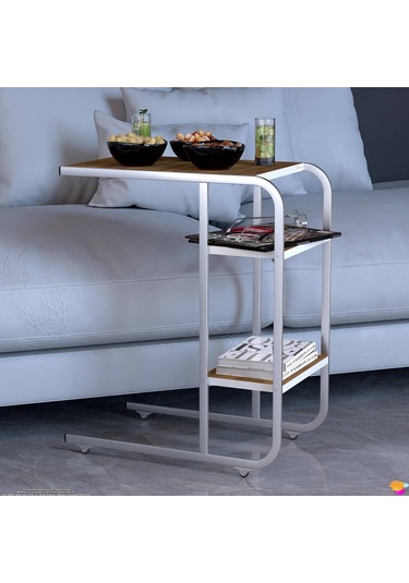 Modilayn C Yan Sehpa Dar Boy Tekerlekli Çalışma, Atıştırmalık, Yemek, Laptop Sehpası Ceviz Kahverengi