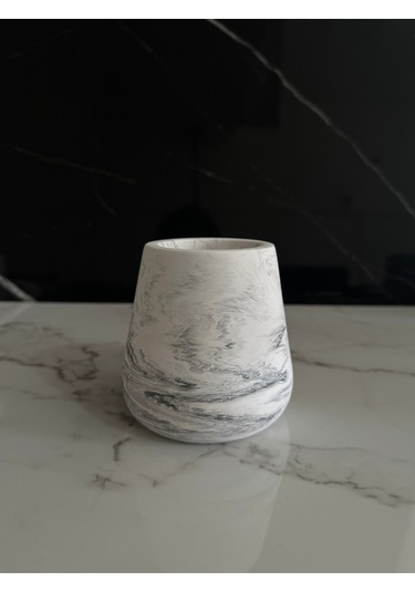 Beton Kalemlik Dekoratif Aksesuar El Yapımı Diş Fırçalık Minik Vazo Beyaz-siyah