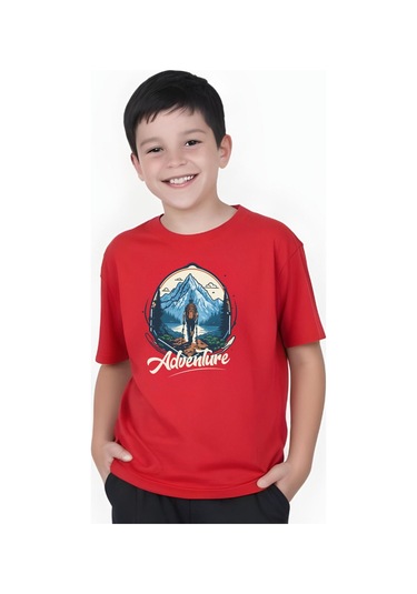 Adventure Baskılı Erkek Çocuk Yuvarlak Yaka Kısa Kollu T-shirt Kırmızı