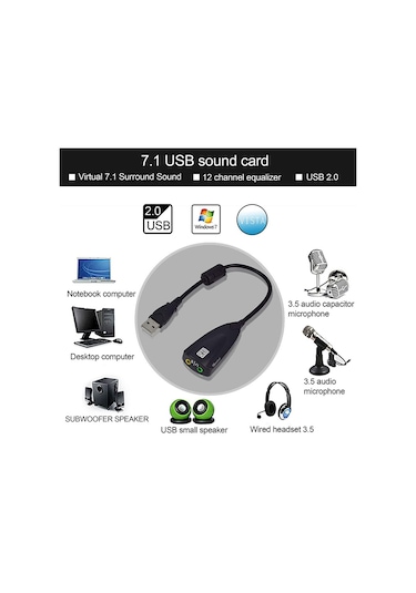 Wozlo 7.1 USB 12 Kanal 64 Bit 5HV2 Destekli Kablolu Audio Çevirici Harici Ses Kartı