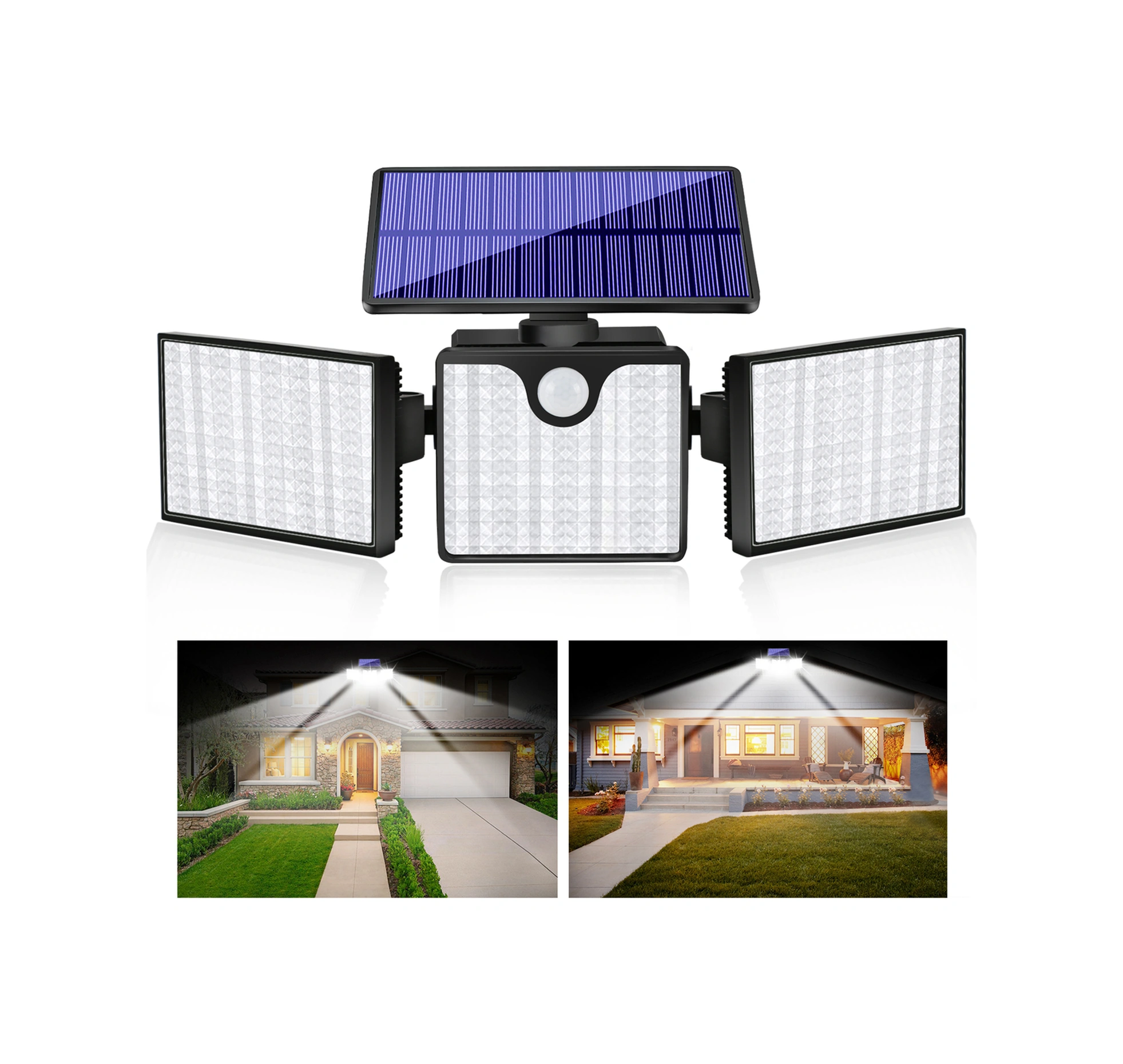 Yuntech01 Güneş Enerjili 3 Kafa Duvar Lambası, 400lm Led, İnsan Algılama+ışık Kontrol, Ip65 Su Geçirmez, Bahçe Aydınlatması