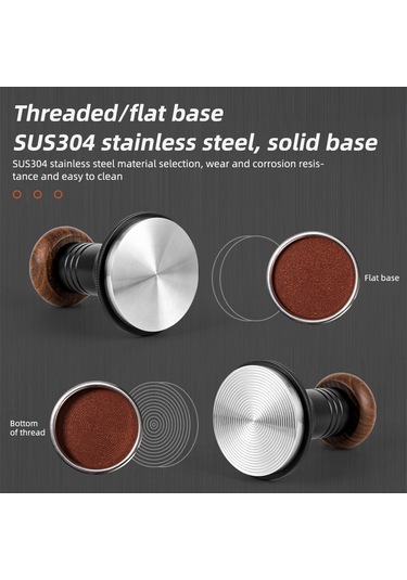 Monyee Kahve Tamperi 51mm, Ceviz Ahşap Kolu, 30lb Sabit Güç Yaylı, Dikey Dengeleyici, Derinlik Ayarlanabilir, 304 Paslanmaz Çelik Taban