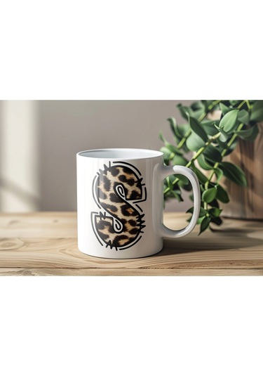 S Baş Harf Leopar Desenli Kupa Bardak - Kişiye Özel Feminen Konsept Hediye - Vahşi Hayvan Desenli Beyaz