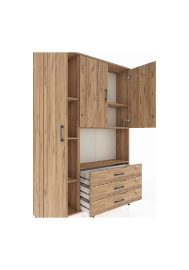 Arges Dolap 6 Raflı 3 Çekmeceli 3 Kapaklı 132x30x195 Çam-çam/çam Çam