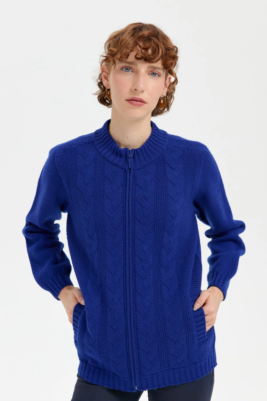 Kadın Dik Yaka Dikişsiz Önü Saç Örgülü Yün Hırka K.s.mavi K.s.mavi