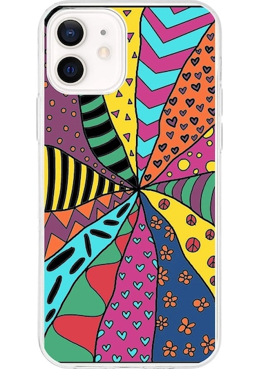 Apple Uyumlu iPhone 12 İle 1mm Slim Fit Retro Renkler 4 Baskılı Şeffaf Kılıf