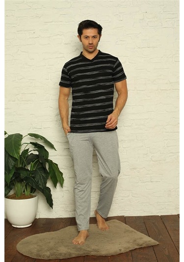 Akbeniz Erkek Siyah V Yaka 3'Lü Pijama Takım 6822-Siyah