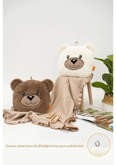 Mordesign Peluş Ayı Yastık, Sevimli Ayı Nakışlı Kırlent, Peluş Ayı Oyuncak, Bebek Yastık, Morbear Serisi Beyaz