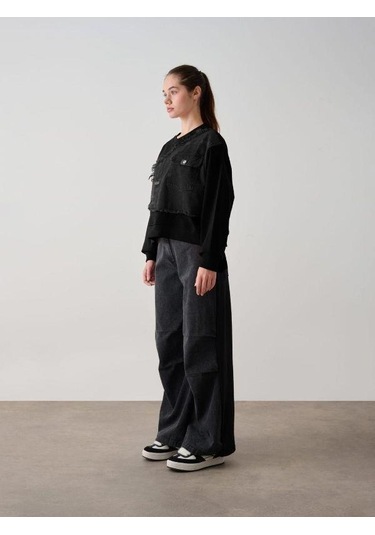 Kız Çocuk Mevsimlik Önü Denim Garni Cepli 3 İplik Sweatshirt-14773 Siyah