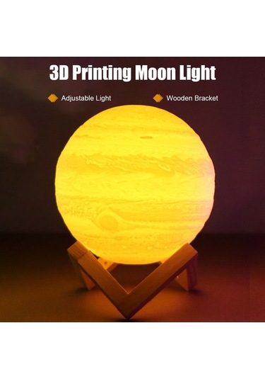Jüpiter 3d Led Gece Lambası - 20cm Dairesel, Doku Dokunmatik, Beyaz & Sarı Işık, Ahşap Tabanlı, Usb Şarjlı Diğer Diğer