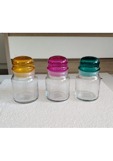 La V Vakumlu Renkli Kapak Cam 3'lü Kavanoz Seti 290 Cc