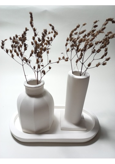 Tabaklı Dekoratif İkili Vazo Set Beyaz Beyaz
