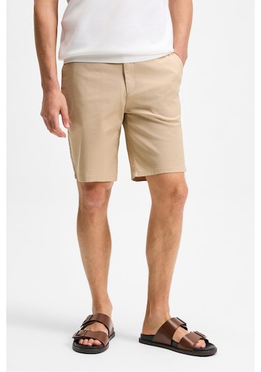 Grimelange TEEMO Erkek Yanları Cepli Fermuarlı Likralı Slim Fit Bej Şort
