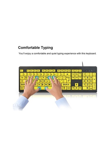 Dancemonkey 10 Sarı Renkli Kablolu Usb Büyük Baskı Klavye, Düşük Görme İçin Yüksek Kontrast, Geniş Kullanıcılar Klavyesi