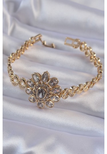 Ezoconcept Pirinç Gold Renk İri Zirkon Taşlı Çiçek Figürlü Bileklik
