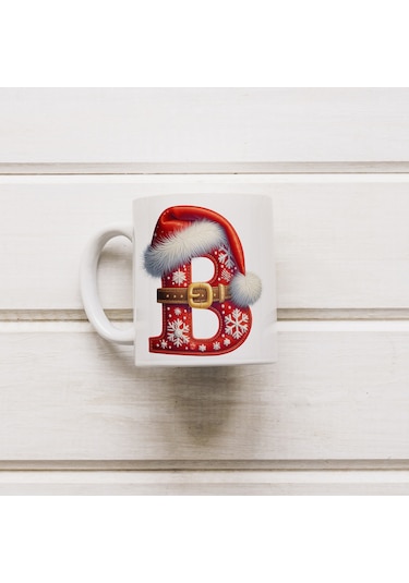 B Harfi Yılbaşı Temalı Bardak 330 Ml Harfli Kişiye Özel Hediye - Yeniyıl / Noel Şapka Tasarım Beyaz