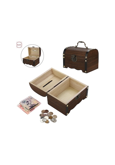 Yaratıcı El Yapımı Ahşap Kumbara Para Kutusu Tasarrufu Kilitli Ahşap Oyma