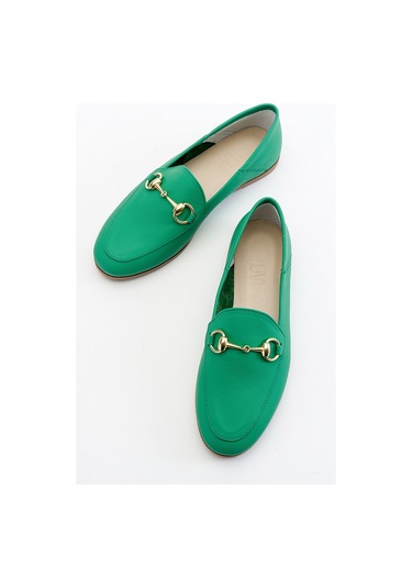 Luvishoes F03 Koyu Yeşil Cilt Hakiki Deri Kadın Babet Koyu Yeşil