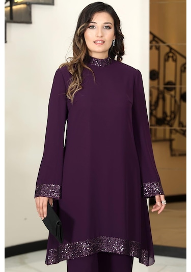 Umay Şifon Tunik Pantolon İkili Tesettür Takım Mürdüm Mürdüm