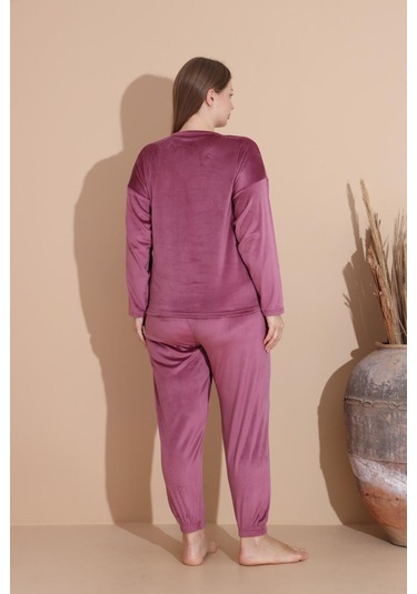 Boyraz Kadın Kışlık Fransız Kadife Büyük Beden Bisiklet Yaka Uzun Kol Pijama Takımı 03147 - 1 Adet Gülkurusu