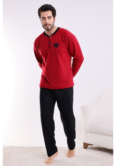 Falkon 7202 Polar Kışlık Erkek Ev Pijama Takımı Uyku Takımı Bordo