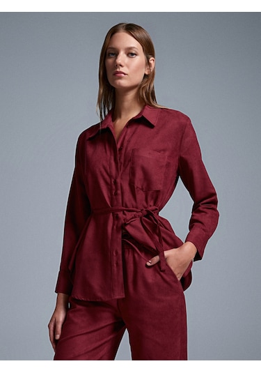 Dilvin 50518 Kemerli Süet Gömlek-bordo Bordo