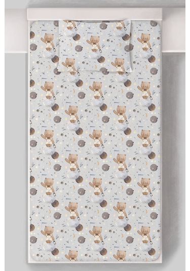 Organik Tek Kişilik Lastikli Çarşaf Seti - Uzayda Ayı Renkli