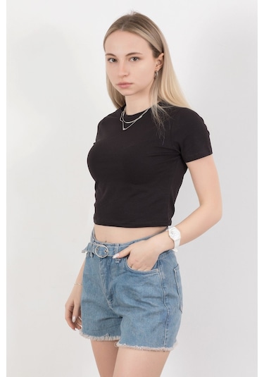 Giysa Kadın Bisiklet Yaka Pamuklu Basic T-shirt Siyah Ms0000102 Siyah
